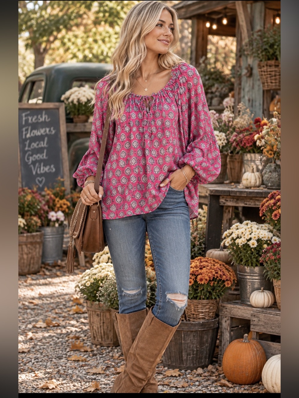 Tuckernuck SZ Blockprints Pink Cotton boho long sleeve blouse size M